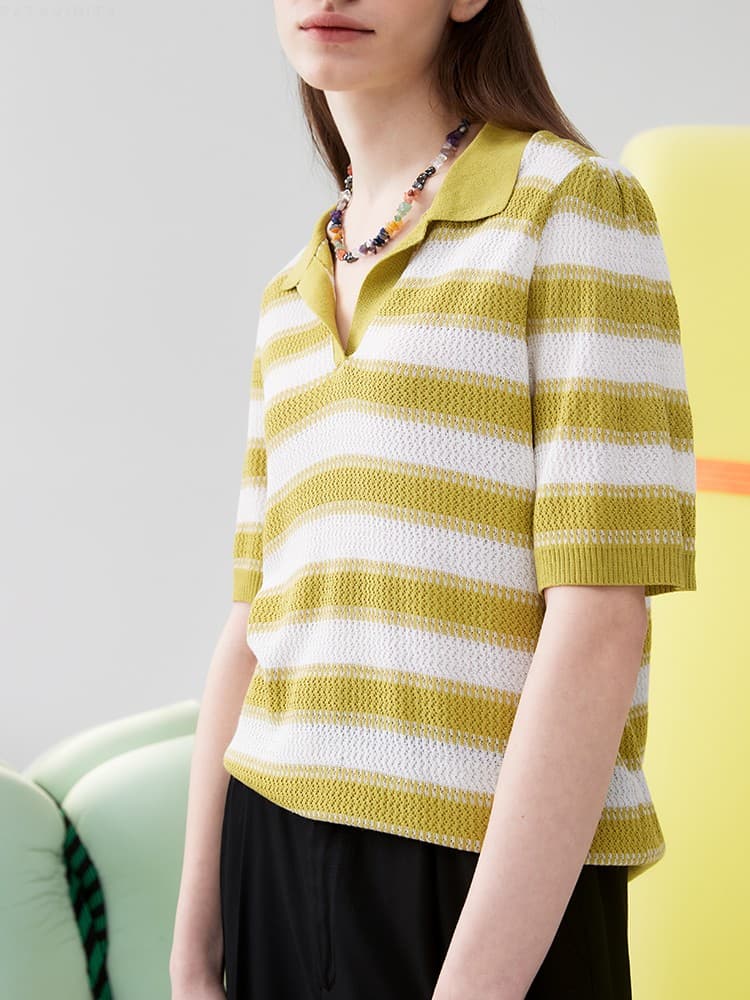 ボーダー服 模様編みボーダーポロシャツ