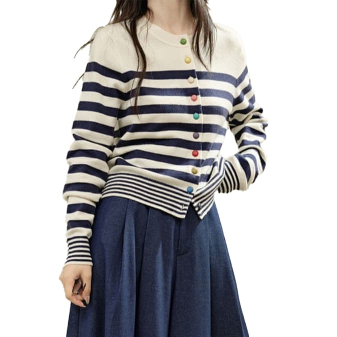 ボーダー服ニットカーディガン カラフルボタン丸首