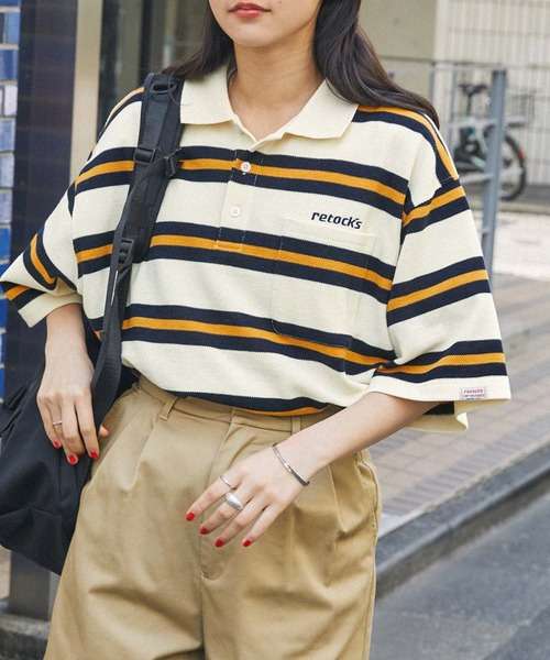 レトロ風ボーダーオーバーサイズポロシャツ ボーダー服