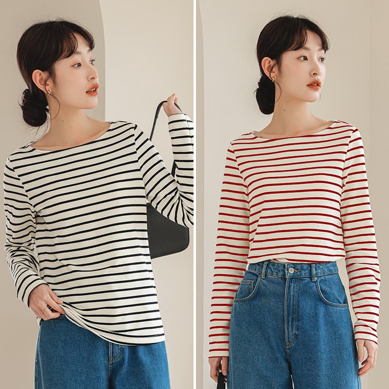 ボーダー服 シンプル細ボーダーロングスリーブカットソー