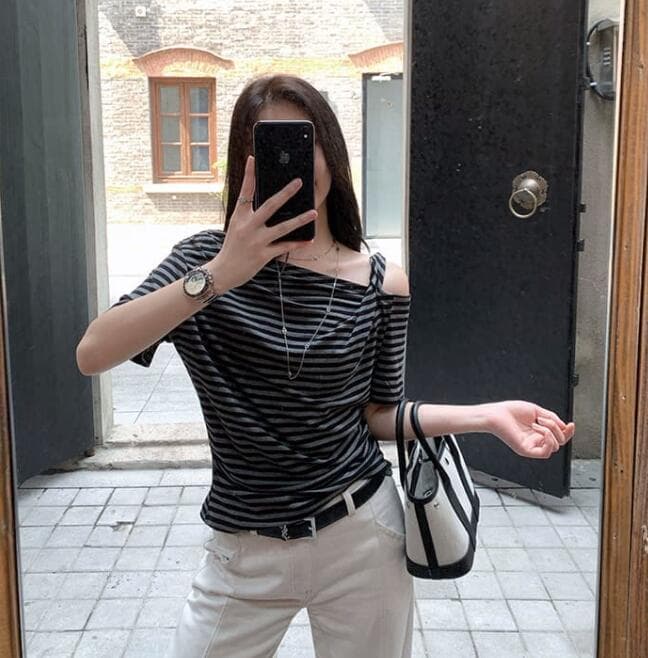 ボーダー服 Tシャツ ボーダー柄半袖Tシャツ オフショルダー リボン付きレディース
