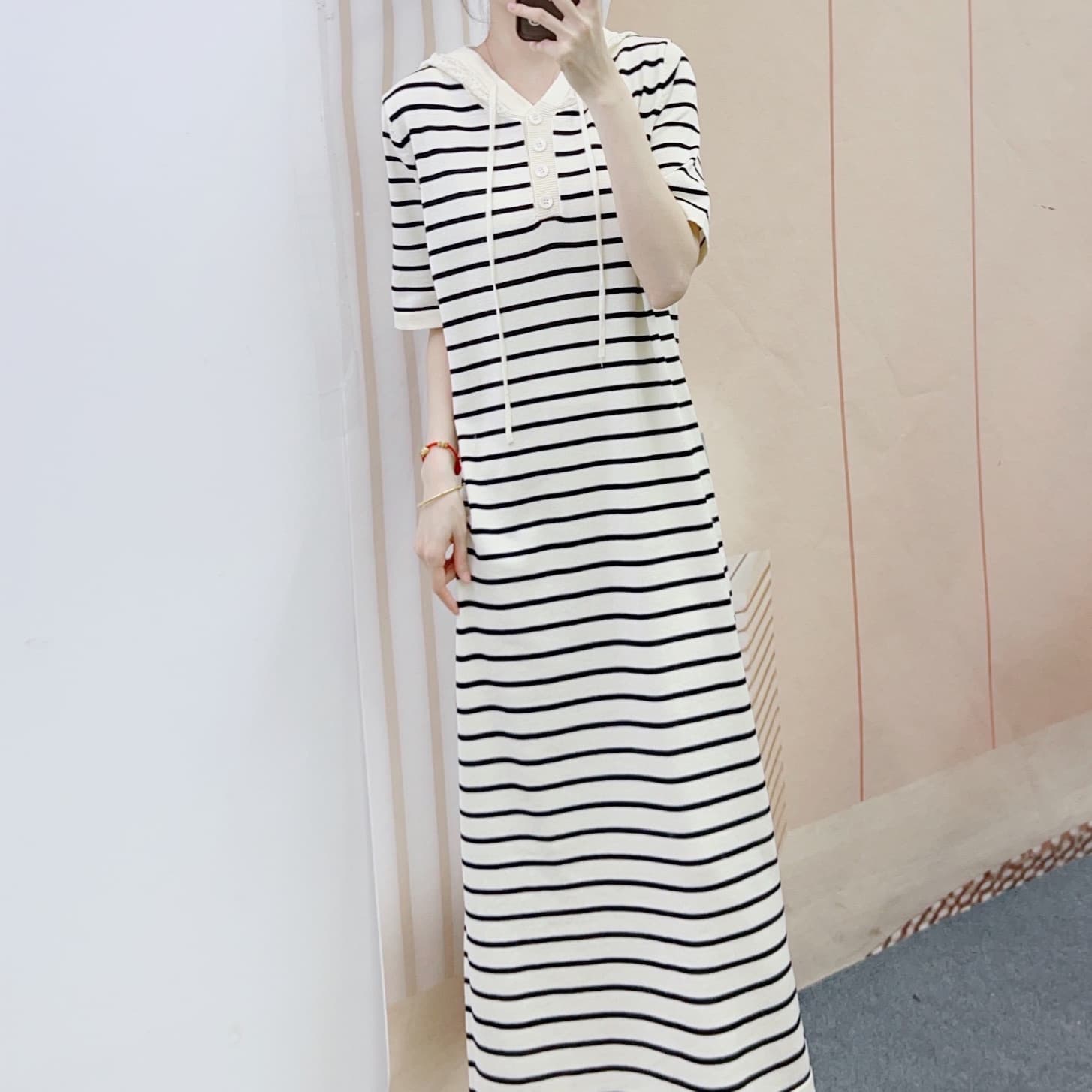ボーダー服 フード付きボーダーニットワンピース
