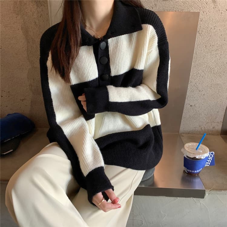 ボーダー服 ボーダー襟付きニットセーター ゆったり暖か