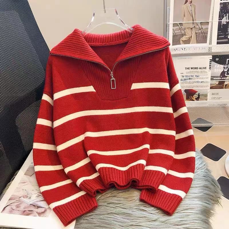 ボーダー服 ハーフジップ ボーダーニットトップス