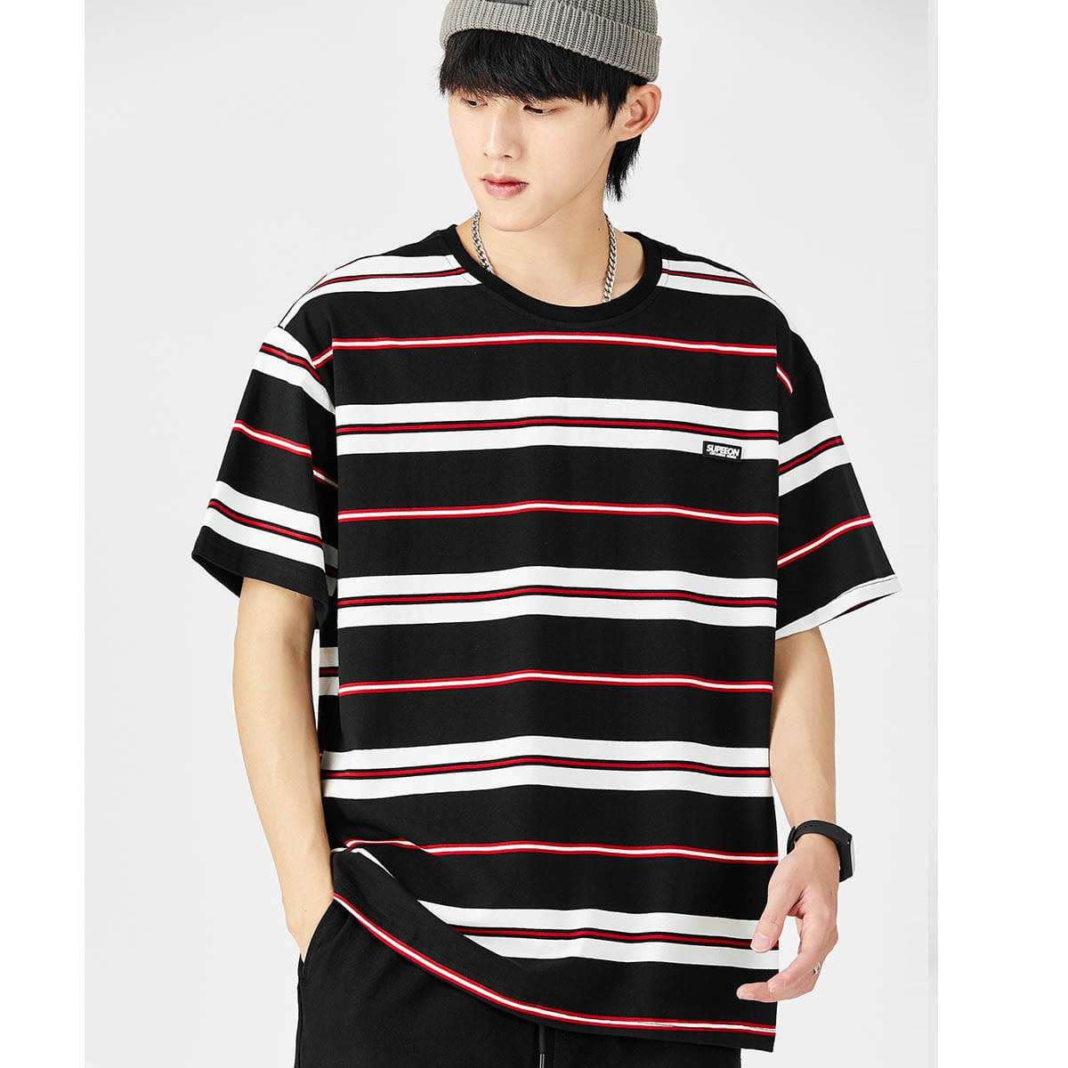 ボーダー柄オーバーサイズ半袖Tシャツ ボーダー服