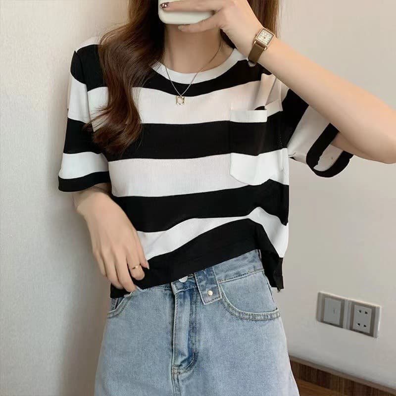 ボーダー服 Tシャツ レディース半袖太ボーダーTシャツゆったり体型カバートップス