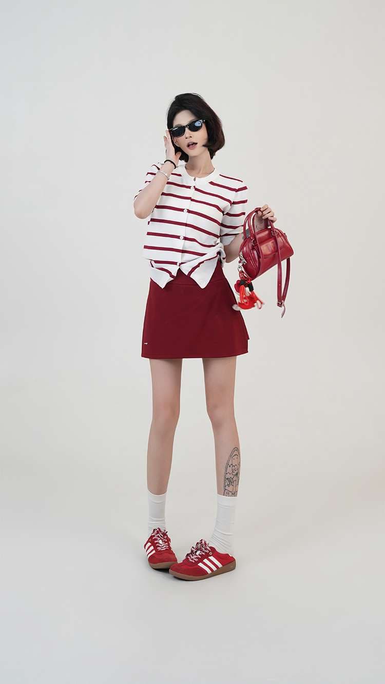 ボーダー柄半袖ニットカーディガン ボーダー服