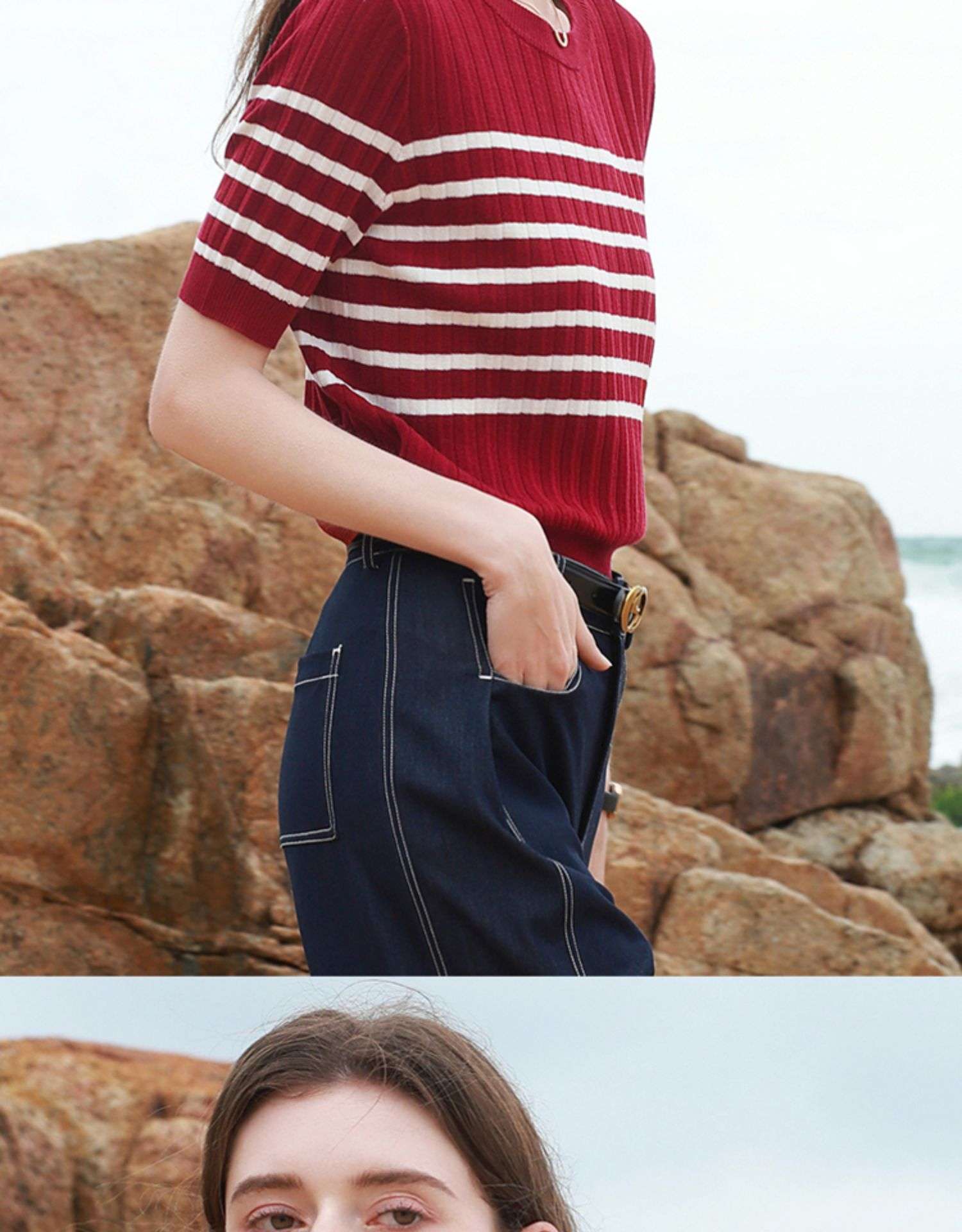 ボーダー柄ショート丈ニットトップス ボーダー服