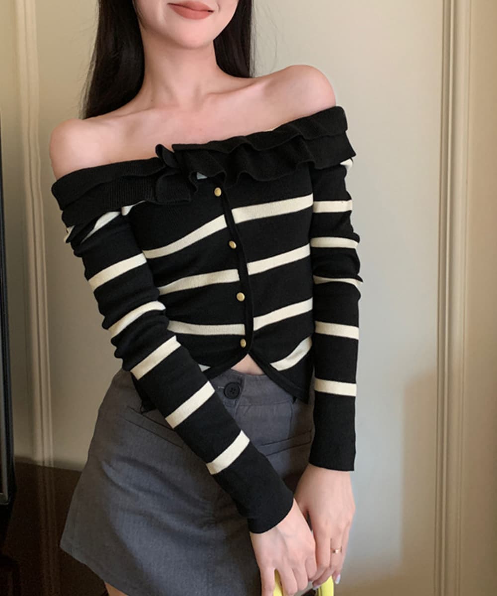 ボーダー服 フリル襟ニットカーディガン ボーダー柄長袖秋服