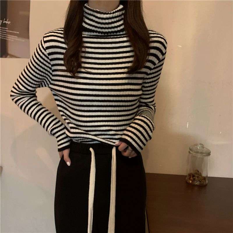 リブ編みボーダータートルネックセーター ボーダー服