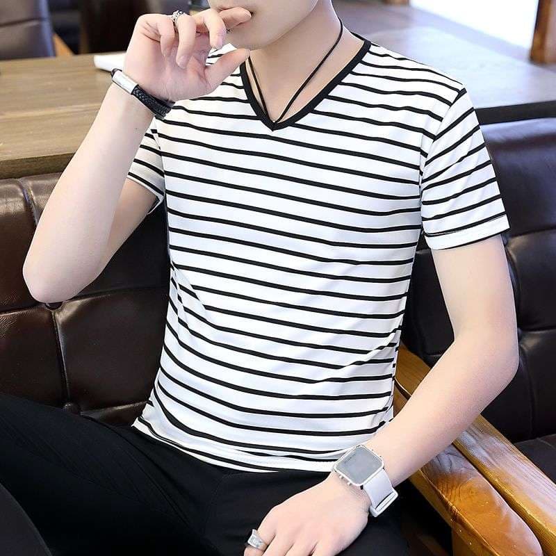 Vネック ボーダー柄 半袖Tシャツ ボーダー服