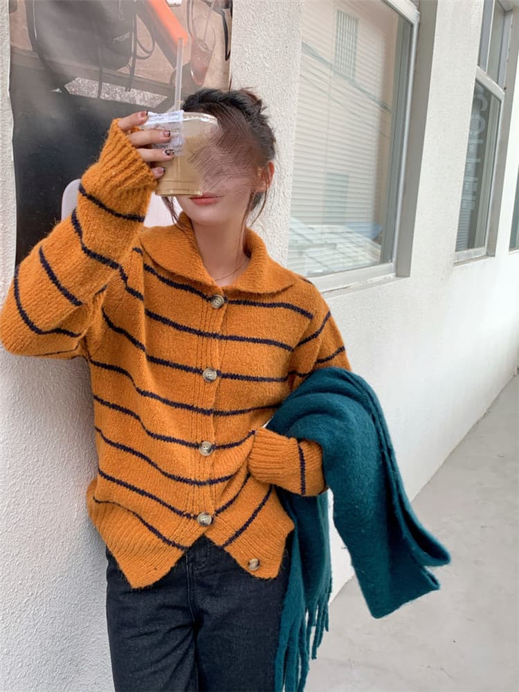 ボーダー服カーディガン長袖ニット