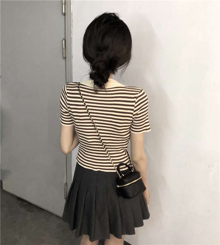 レトロ調ボーダー柄リブニットポロシャツ ボーダー服