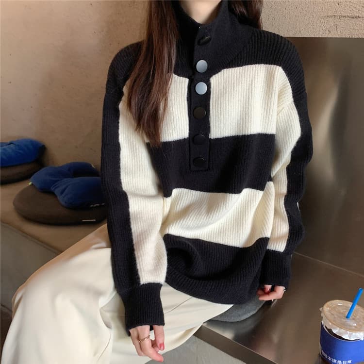 ボーダー服 ボーダー襟付きニットセーター ゆったり暖か