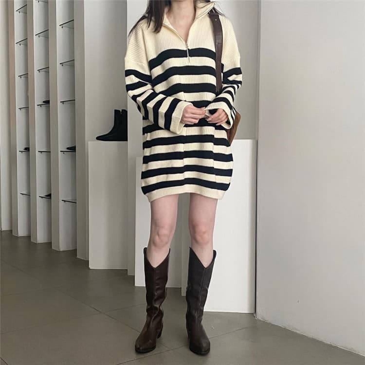 ボーダー服ワンピース 大人可愛いボーダー柄ニットワンピース