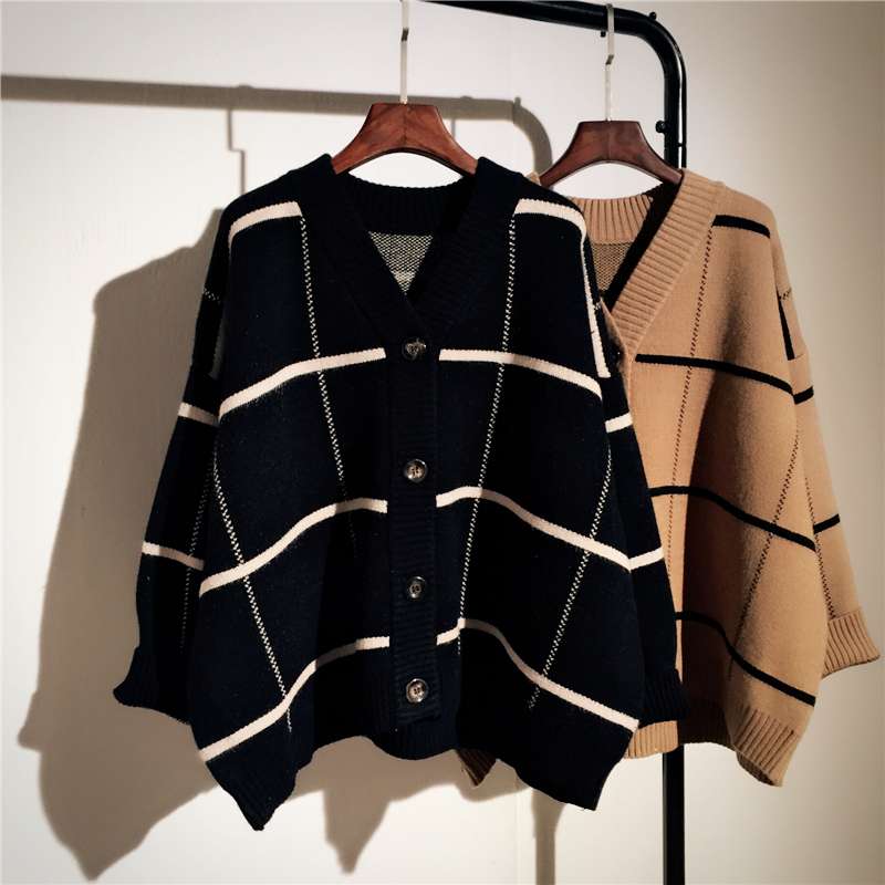 格子柄ゆったりニットカーディガン ボーダー服
