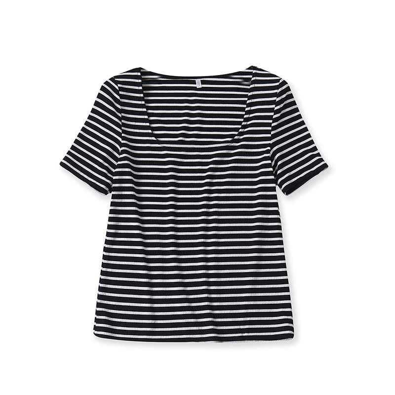 スクエアネックリブ編みボーダーTシャツ ボーダー服