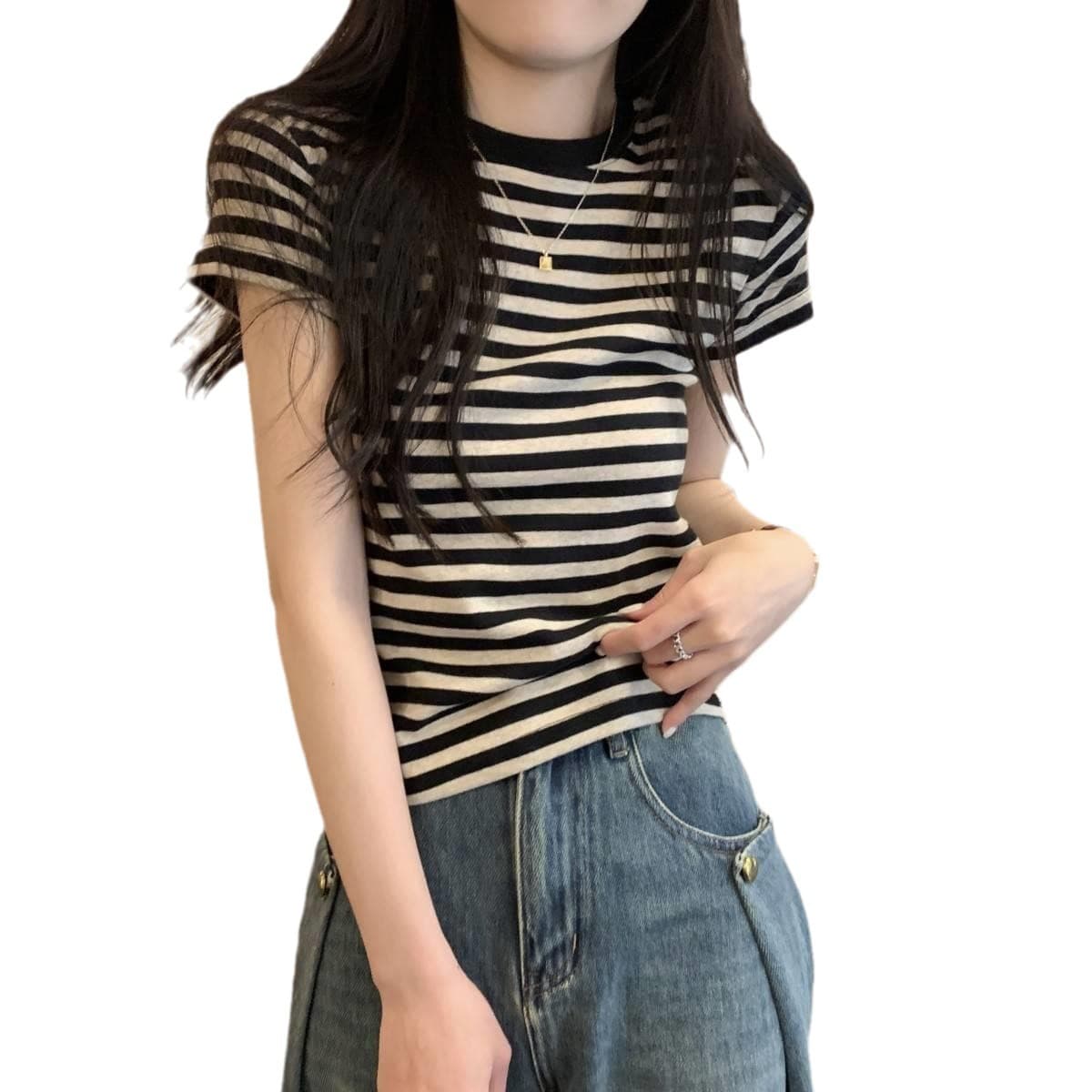 ボーダー クラシック横縞リブネックTシャツ