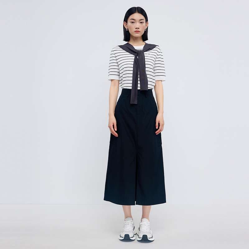 ボーダー柄半袖ニットとロングスカートの上下セット ボーダー服