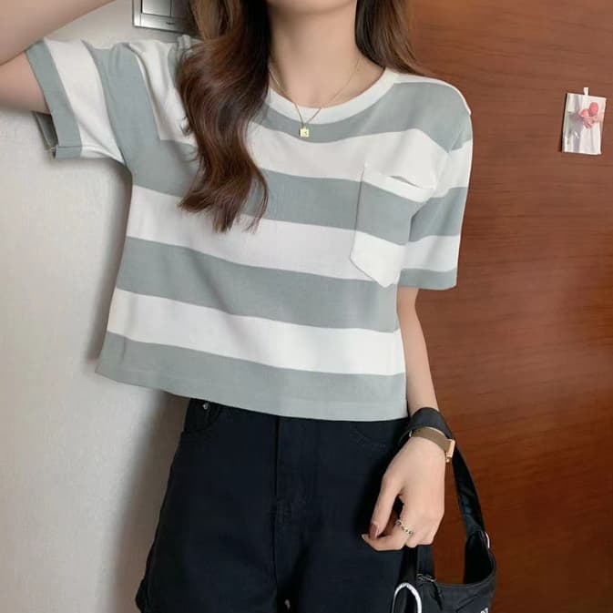 ボーダー服 Tシャツ レディース半袖太ボーダーTシャツゆったり体型カバートップス