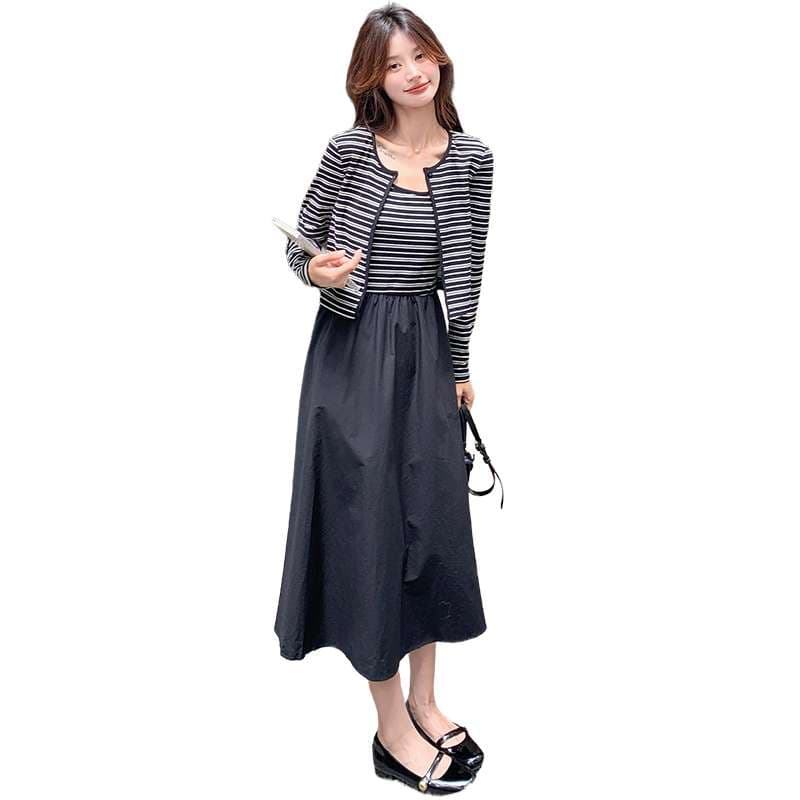 ストライプカーディガン重ね着風ロングワンピース ボーダー服