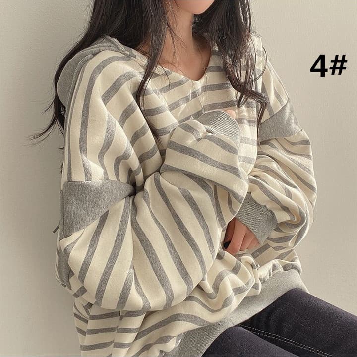 ボーダー服 ボーダー柄フード付きパーカー秋冬レディースゆったり