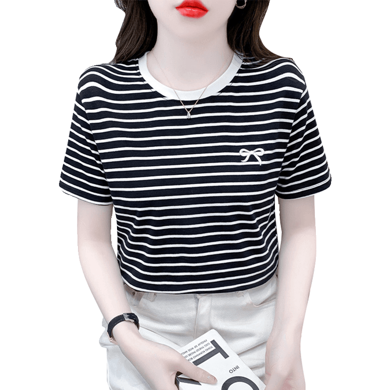リボン刺繍入りマリンボーダーTシャツ ボーダー服