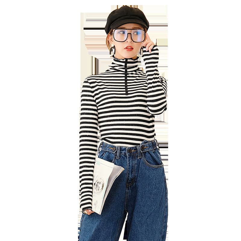 シンプルボーダータートルネック長袖プルオーバー ボーダー服