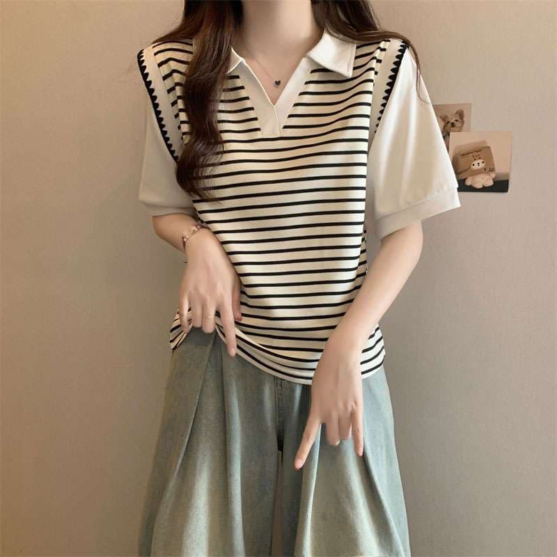 ボーダー柄ニットベスト重ね着風ポロシャツ ボーダー服