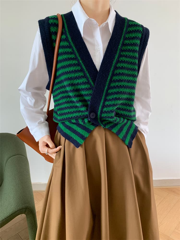 ボーダー服 レトロボーダーニットベスト袖なし深緑