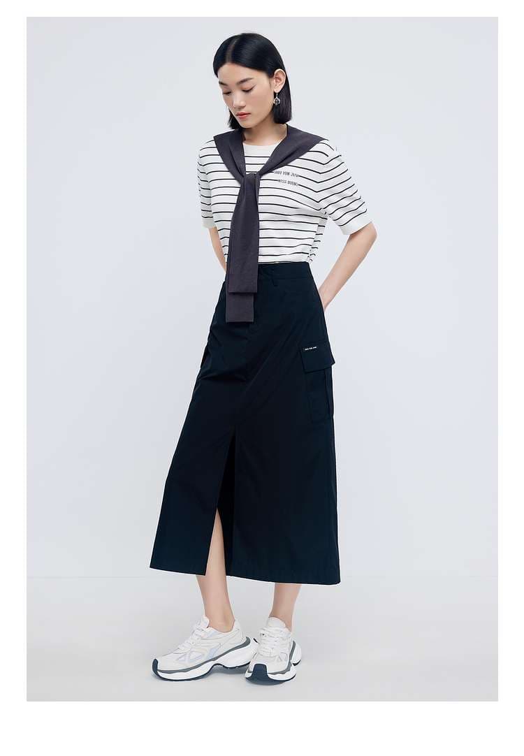 ボーダー柄半袖ニットとロングスカートの上下セット ボーダー服