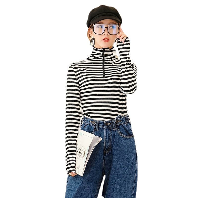 シンプルボーダータートルネック長袖プルオーバー ボーダー服