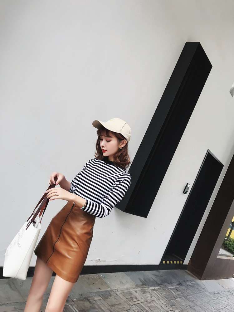 シンプルボーダーモックネック長袖Tシャツ ボーダー服