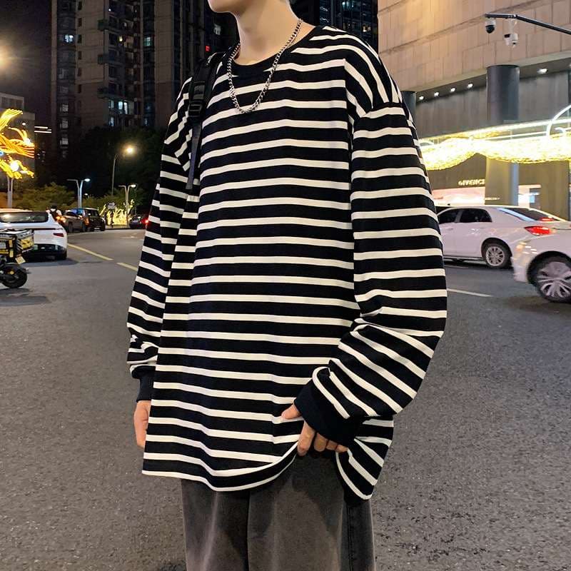 ゆったりオーバーサイズボーダーロングTシャツ ボーダー服