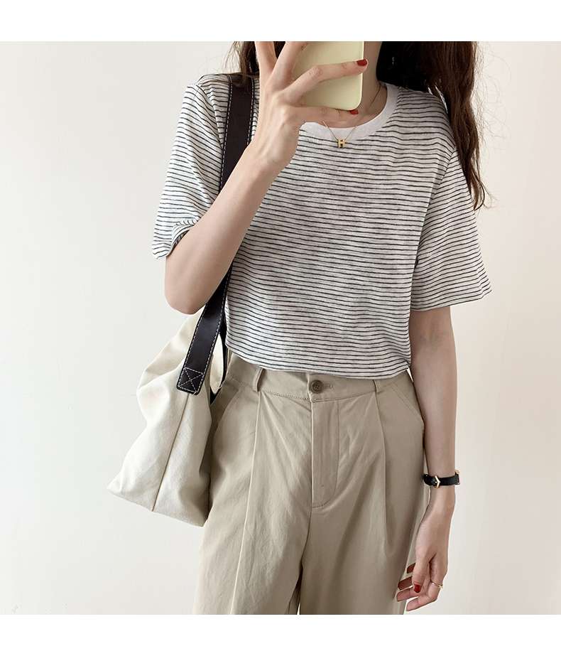 シンプル細ボーダークルーネックTシャツ ボーダー服