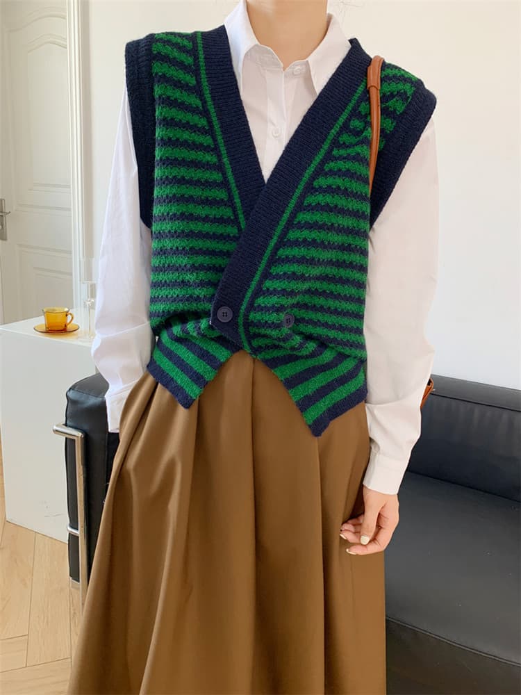 ボーダー服 レトロボーダーニットベスト袖なし深緑