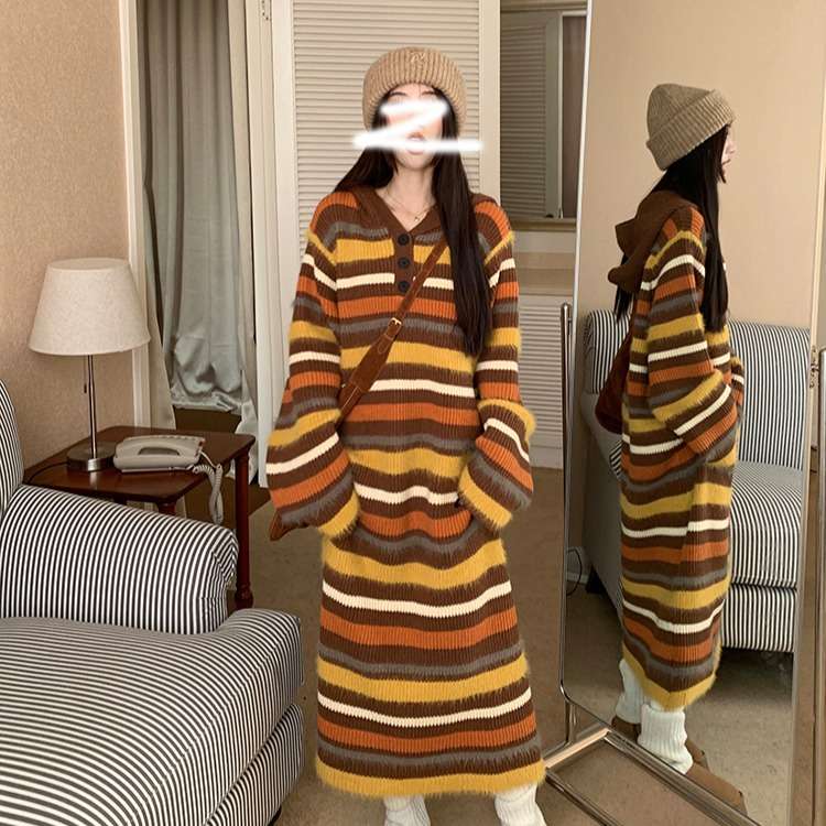 秋色ボーダーニットワンピース ボーダー服