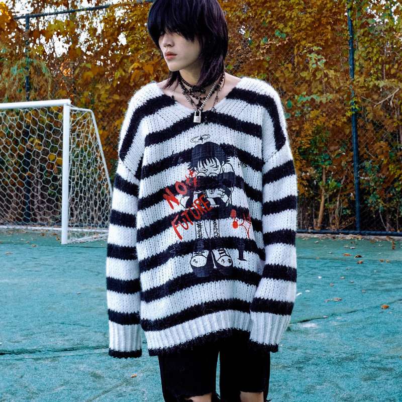 オーバーサイズボーダーニットセーター ボーダー服