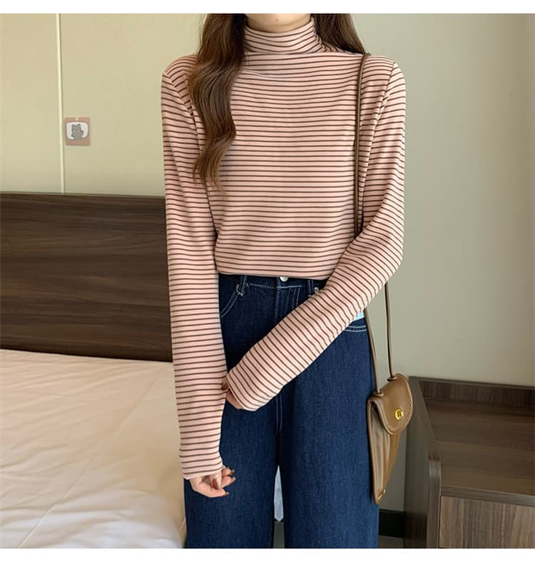 ボーダー服タートル 暖かい厚手ボーダー長袖シャツ