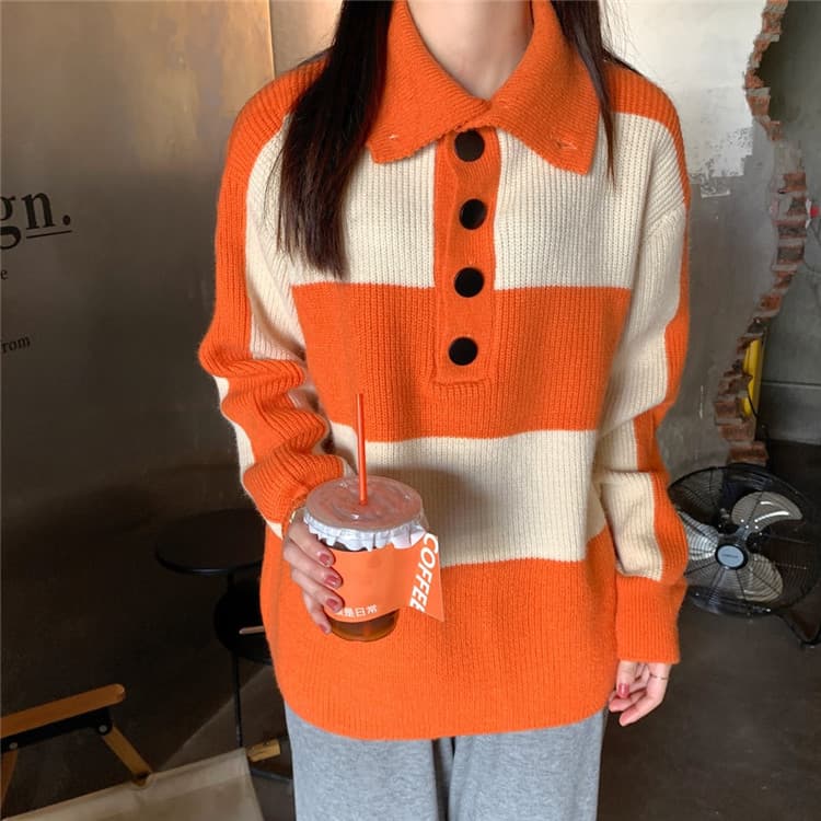 ボーダー服 ボーダー襟付きニットセーター ゆったり暖か