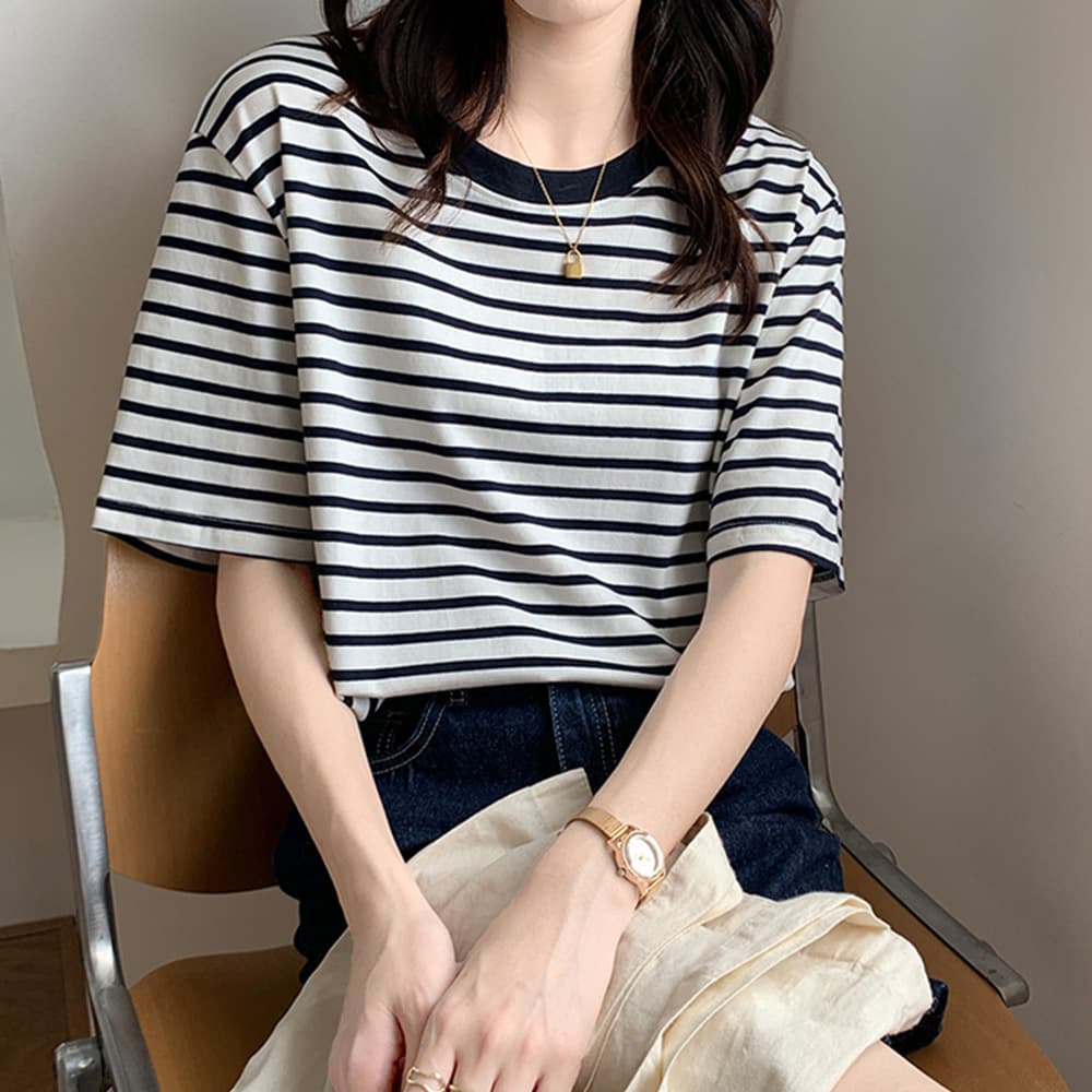 ボーダー服 Tシャツ 配色ボーダー柄半袖ティーシャツ レディース