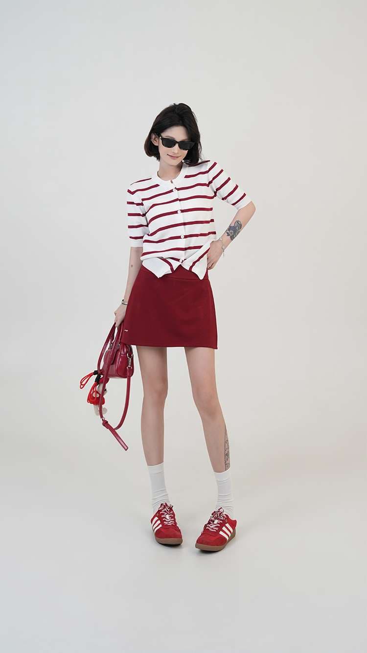 ボーダー柄半袖ニットカーディガン ボーダー服
