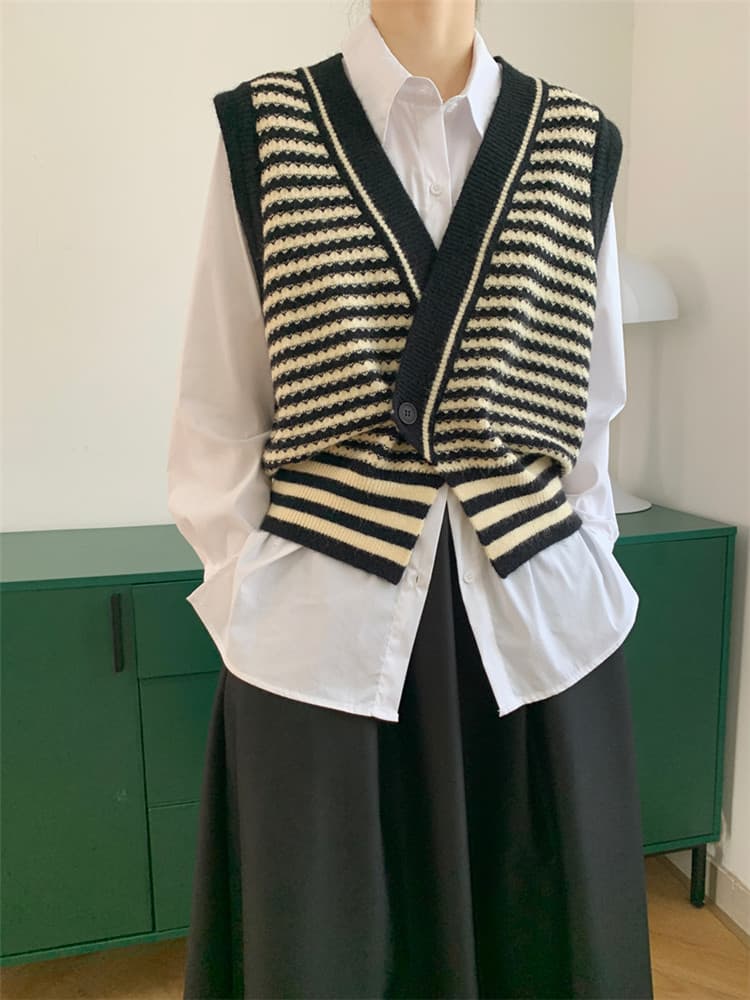 ボーダー服 レトロボーダーニットベスト袖なし深緑