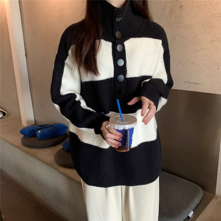 ボーダー服 ボーダー襟付きニットセーター ゆったり暖か