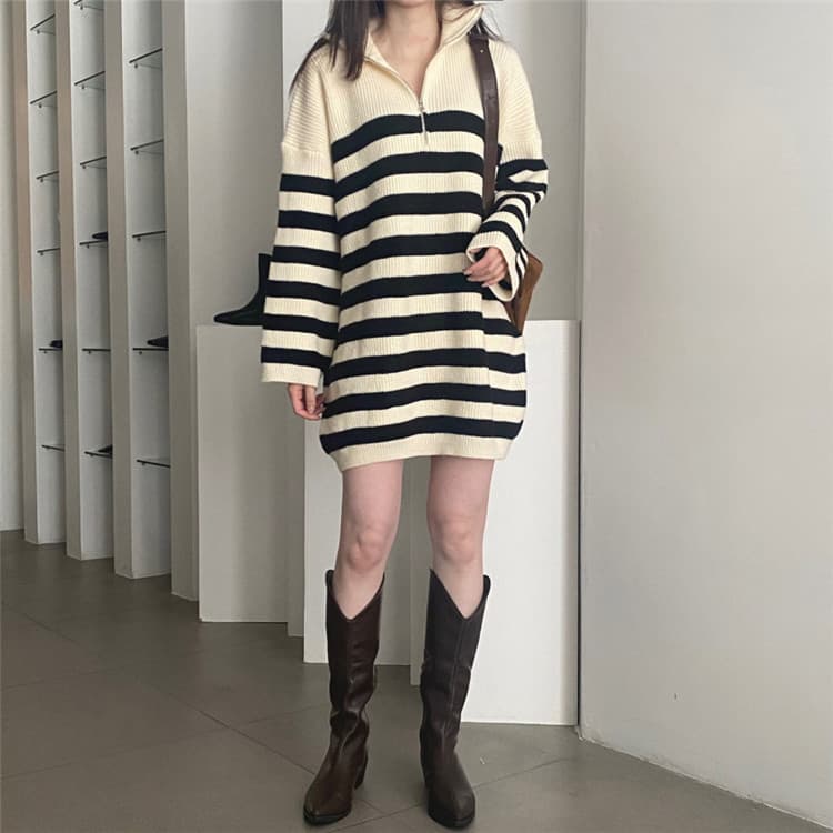 ボーダー服ワンピース 大人可愛いボーダー柄ニットワンピース