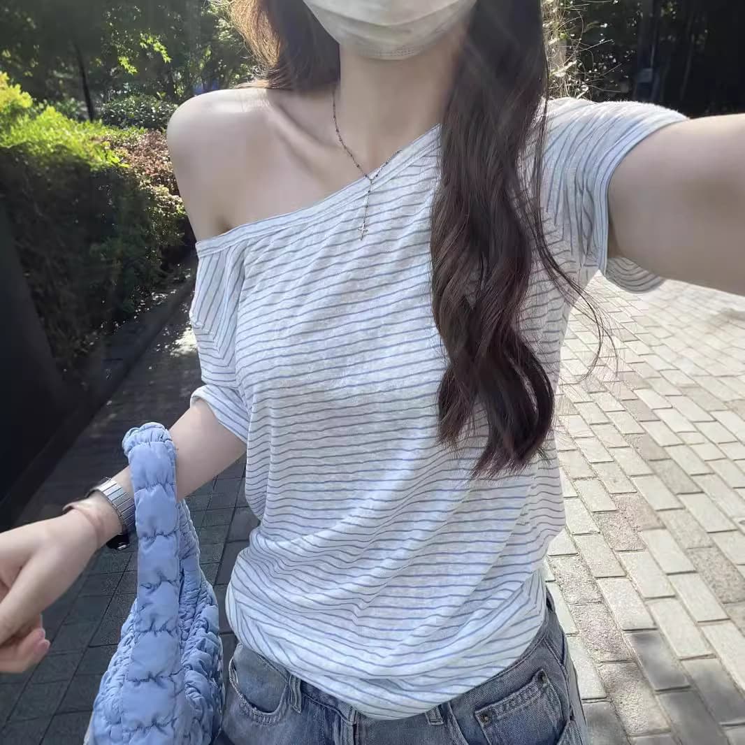 ボーダー 涼感ワンショルダーボーダー半袖