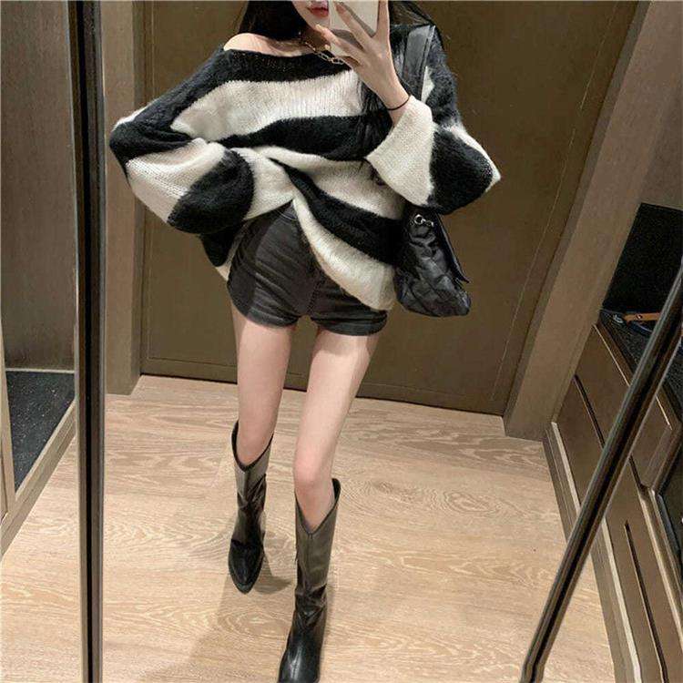 オフショルダーボーダーニットワンピース ボーダー服