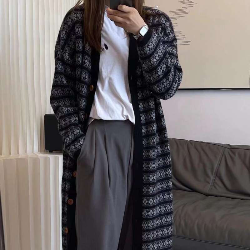 ノルディック柄ロングカーディガン ボーダー服