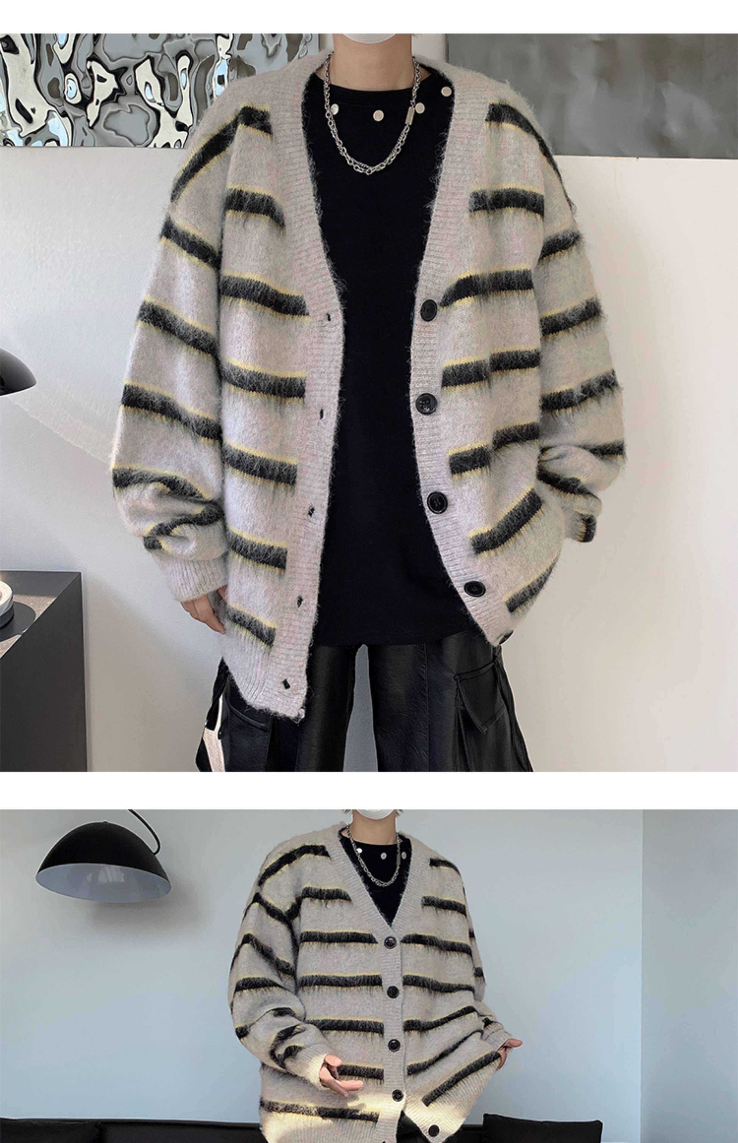 モコモコボーダー柄オーバーサイズカーディガン ボーダー服