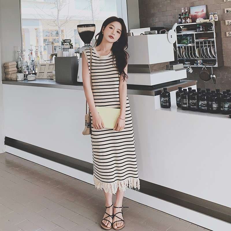 フリンジ付きボーダーマキシワンピース ボーダー服